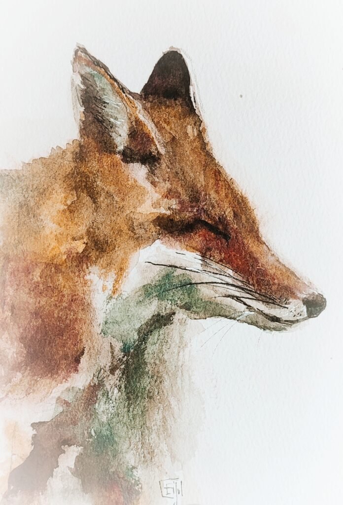 AQUARELLE "RENARD AU VENT"18x12,5 cm ( vendue)