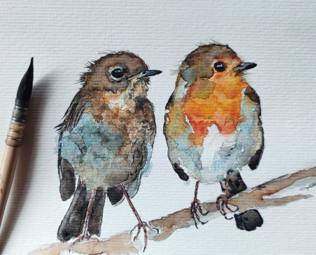 AQUARELLE "COUPLE MOINEAU ROUGE/ GORGE" 21x29.7 cm ( vendu)