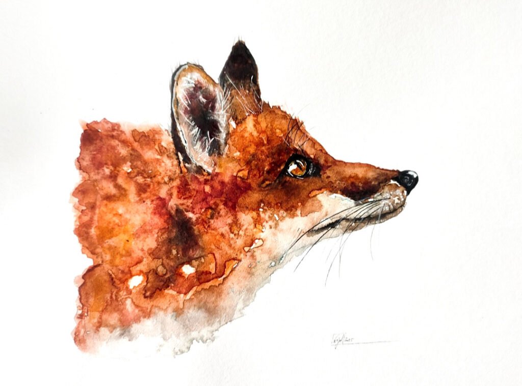 AQUARELLE ORIGINALE RENARD À L'AFFÛT